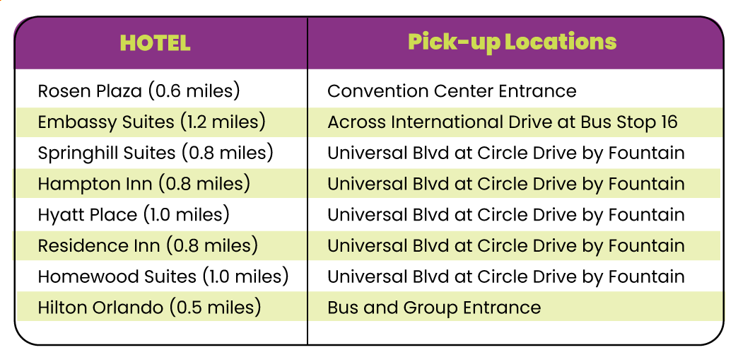 List of hotels with shuttle service.